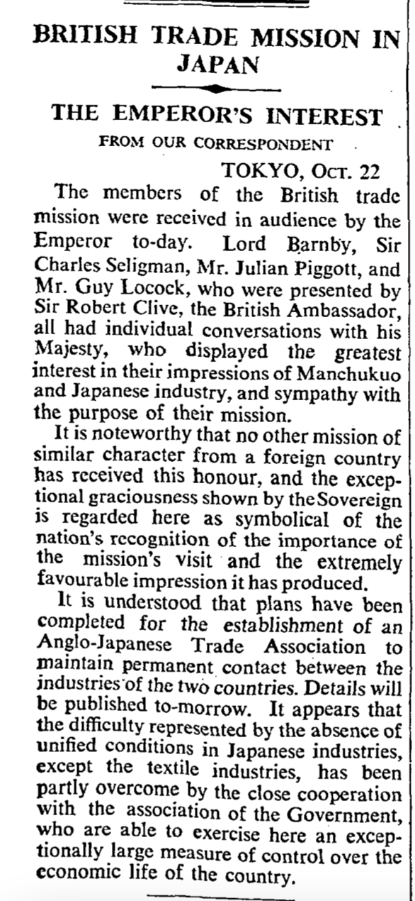 The Times 23 Oct 1934 British Trade Mission in Japan